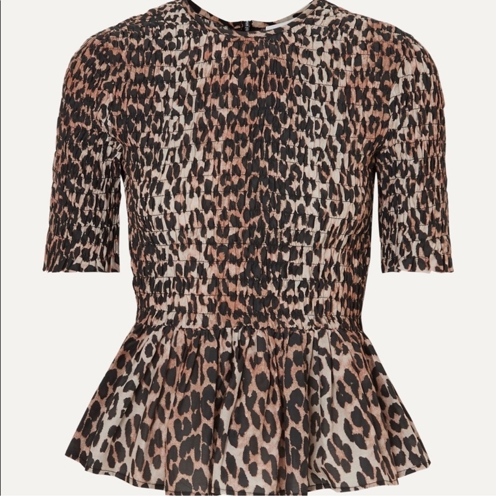 GANNI Leo Leopard Print Smocked Peplum Blouse Sz 36 / US 4 Cotton Silk Top - Picture 8 of 10
